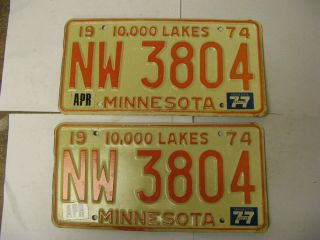 1974 74 1977 77 Minnesota Mn License Plate Nw3804 Pair