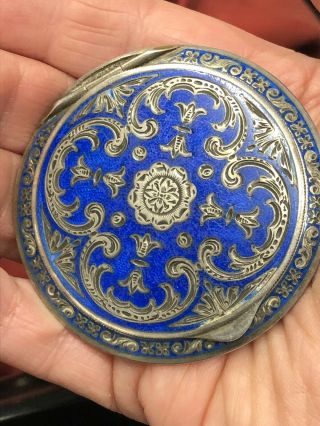 Antique Austrian Sterling Silver Blue Enameled Guilloche Compact