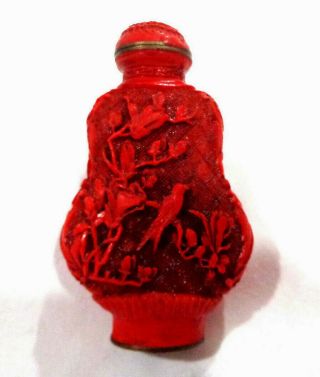 Vintage Asian Antique Hand Carved Red Cinnabar Snuff Bottle,  Birds And Floral