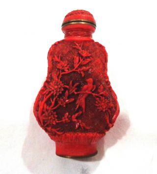 Vintage Asian antique hand carved red Cinnabar snuff bottle,  birds and floral 2