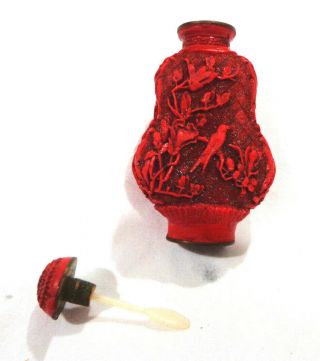Vintage Asian antique hand carved red Cinnabar snuff bottle,  birds and floral 3