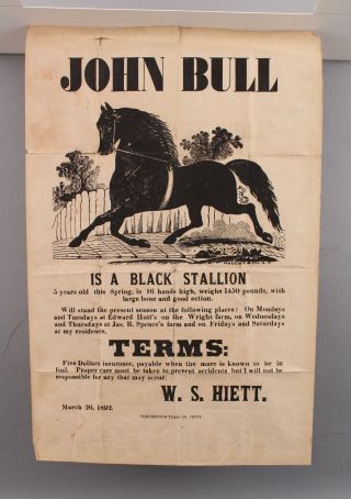 19thc Antique John Bull Black Stallion Horse,  Stud Service,  Broadside Poster Nr