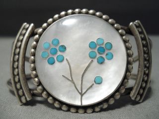 Detailed Vintage Zuni Navajo Turquoise Sterling Silver Bracelet Old