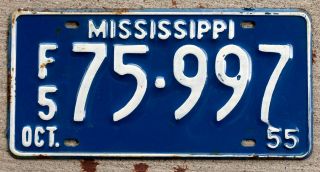 1955 White On Blue Mississippi License Plate