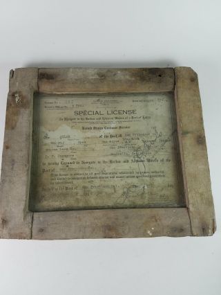 Antique Treasury Department Special License Navigation Certificate 1918 Wood Fra