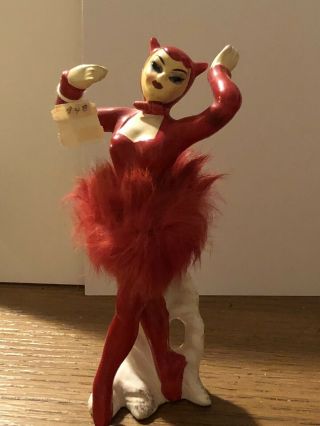 Vintage Japan Red Devil Woman Pixie Ballerina Figurine W/ Feather Tutu