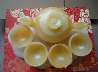 Chinese Natural Jade Hand Carving Kung Fu Tea Set 1 Pot 4 Cups