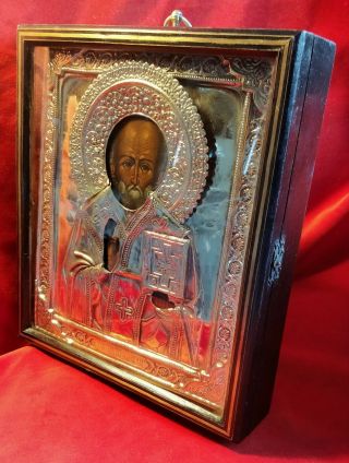 Antique Russian Orthodox Icon (kiot,  Oklad) From 19 C.  St.  Nicolas.