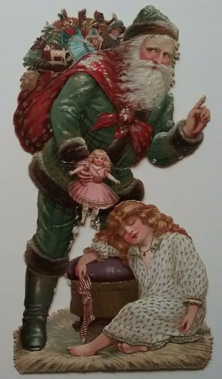 Wonderful V Lge.  Chromo Antique Embos Victorian Scrap.  Santa,  Sleeping Child,  Toys.