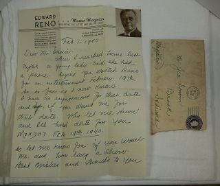 Ed Edward Reno Signed Letter 1940 Vintage Magician Magic Kankakee Illinois