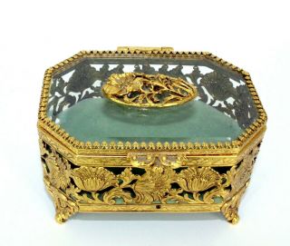 Vintage Victorian Ormolu Gold Gilt Floral Octagon Casket Jewelry Trinket Box 5 "
