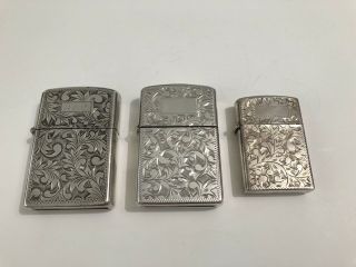 3 Vintage Matching Sterling Silver Zippo Like Lighters - Hand Carved Design