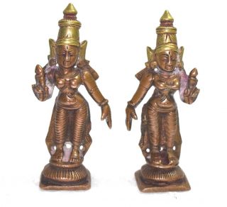 Early 18 C Antique Ganga Jamuni Brass/copper Hindu Goddes Pair Statue Figurines