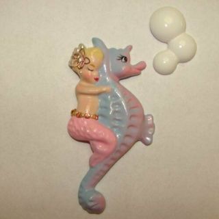 Mermaid On Seahorse Wall Plaque W Bubbles For Vintage Or Retro Bath Decor