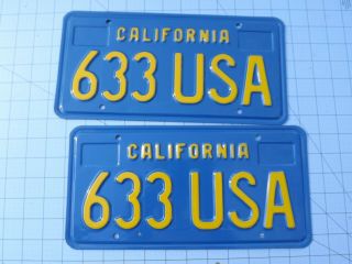 Nos Ca Blue And Yellow License Plate Set " 633 Usa " California Dmv Clear