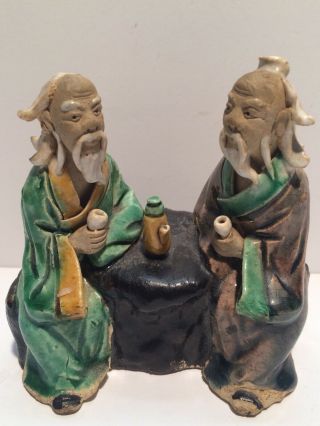 Chinese Mud Man Two Old Wise Men Drinking Tea Figurine 4 1/4 " Tall