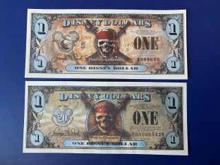 2007 Disney Dollars - $1 - Set Of 2 - Pirates Of The Caribbean - Uncirculated