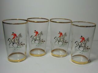Vintage 1960s Set Of 4 Equestrian Horse Jumping Dog Sport Bar Glasses Gold Rim