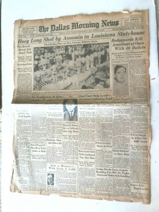 Sept 9 1935 Newspaper Dallas Morning News Huey Long Assasin Louisiana Statehouse