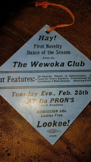 Vintage Dance Invitation Hanging Card " The Wewoka Club " Oklahoma 1930s