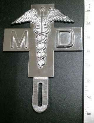Vintage Medical Doctor Symbol Md Chrome Metal Car License Plate Topper Caduceus