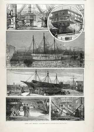 York City Brooklyn Navy Yard Uss Constitution,  Large 1880s Antique Print