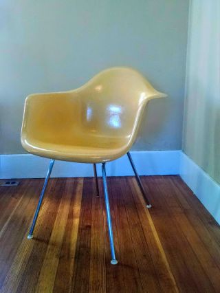 Herman Miller Eames Fiberglass Shell Arm Chair,  Vintage 1960s Yellow Ochre Gold