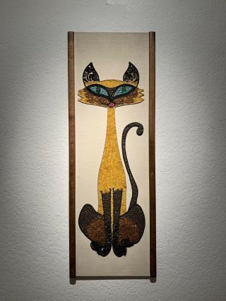 Vintage Mid - Century Gravel Art Picture Siamese Cat Kitten