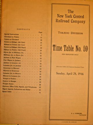 York Central Railroad Toledo Division Employee Timetable 59/april 28,  1946