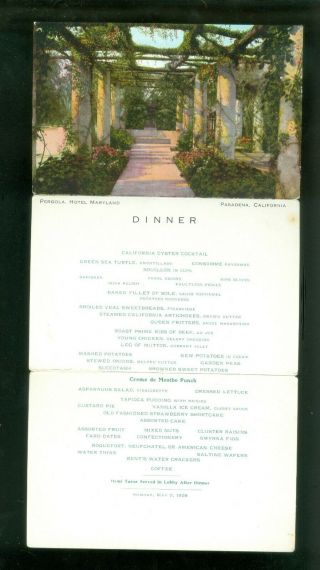 1909 Hotel Maryland Pasadena Trifold Dinner Menu Postcard