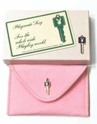 Authentic Vintage 1973 Playboy Playmate Key Necklace Charm Playmate Card Box Bag