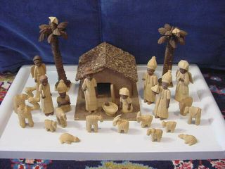 Nigeria Thornwood Nativity Set Carved Wood Thorn 25 Pc Christmas Creche Africa