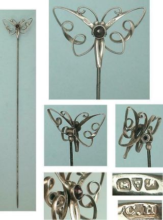 Rare Antique English Sterling Silver Butterfly Hat Pin by Charles Horner 1912 2