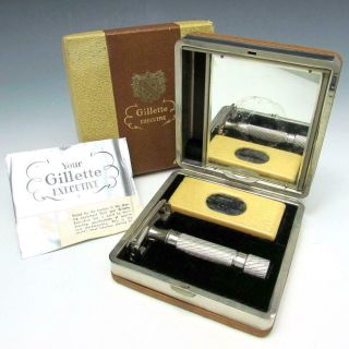 Vintage 1950 Gillette Executive Safety Razor Rhodium W/ Travel Case & Box