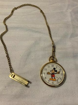 Vintage Lorus Quartz Mickey Mouse Gold Tone Pocket Watch Y131 - 0010 W/ Chain