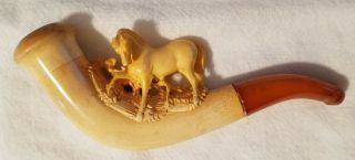Carved Horse (meerschaum?) Pipe With Leather Case