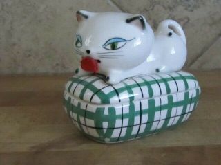 Vintage 1958 Howard Holt Cozy Kitten Tape Measure Pin Box With Sticker & Date