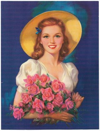 1940s Scare Unusual Embossed Jules Erbit Good Girl Pin - Up Print Sun Hat & Roses