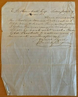 1857 Boston & Maine Railroad $55,  000 Manuscript Letter Pingree Kimball Salem,  Ma