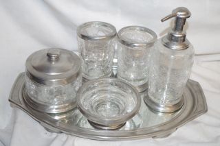 Labrazel Pewter Crackle Glass Vanity Set - Mirror Tray Cups - Box - Pump - Italy