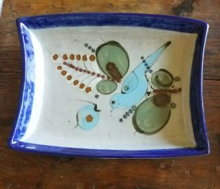 1960s Mexican Art Pottery By Ken Edwards,  Tonala Bluebird Plate.  Signed.