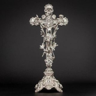 Altar Crucifix | Standing Cross Silvered Metal | Jesus Christ Crucifixion | 15 "