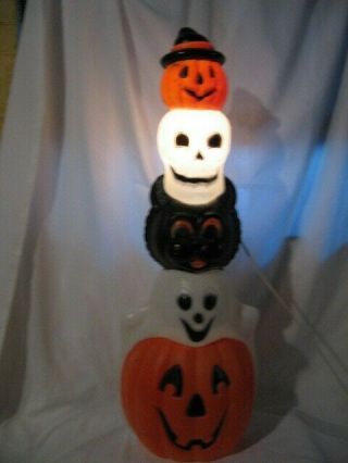 Halloween Pumpkin Totem W/ Ghost,  Cat,  Skull & Pumpkin W/ Hat Blow Mold