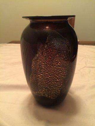 Robert Eickholt Iridescent Maroon Gold Studio Art Glass Vase Signed 1990