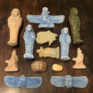 13 Egyptian Faience Clay Mythology Pendants North Africa Charms Scarab Mummy