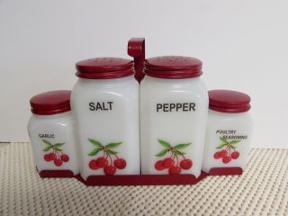 4 Vintage Mckee Shaker Spice Jars Milk Glass Red Metal Rack Cherries Decals