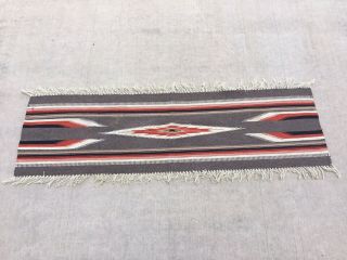 Vintage Wool Navajo Table Runner Rug Blanket Fringed Gray Red Diamond Southwest