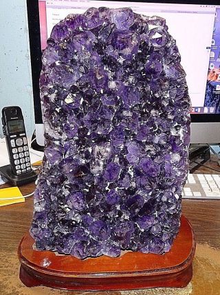 Amethyst Crystal Cluster Cathedral Geode F/ Brazil W/ Wood Stand Calcite