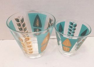 Fred Press Glasses Tumbler Turquoise Gold Leaf Mid Century Cocktail Low Ball 60s