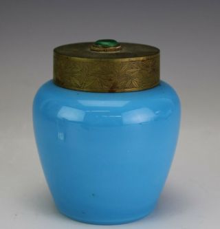 Blue Opaline Glass Etched Floral Brass Malachite Bejeweled Lid Jewelry Jar Sbm